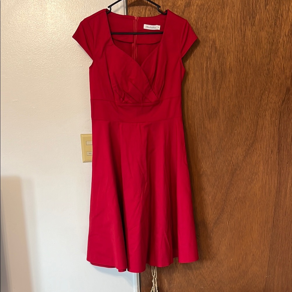 Vibrant Red Midi Dress with Ruched Detail and Cowl Neck